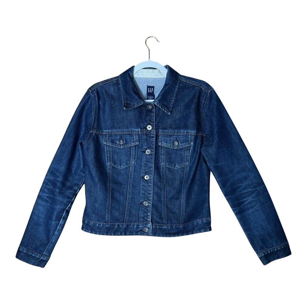 Gap Womens Y2K Preppy Dark Wash Denim Trucker Jacket Utility Classic Vintage L